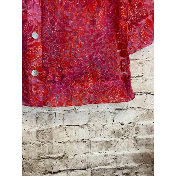 Hearts of Palm Top Womens 10 Petite Pink Glitter Burnout Button Up Sheer Floral - Picture 6 of 12